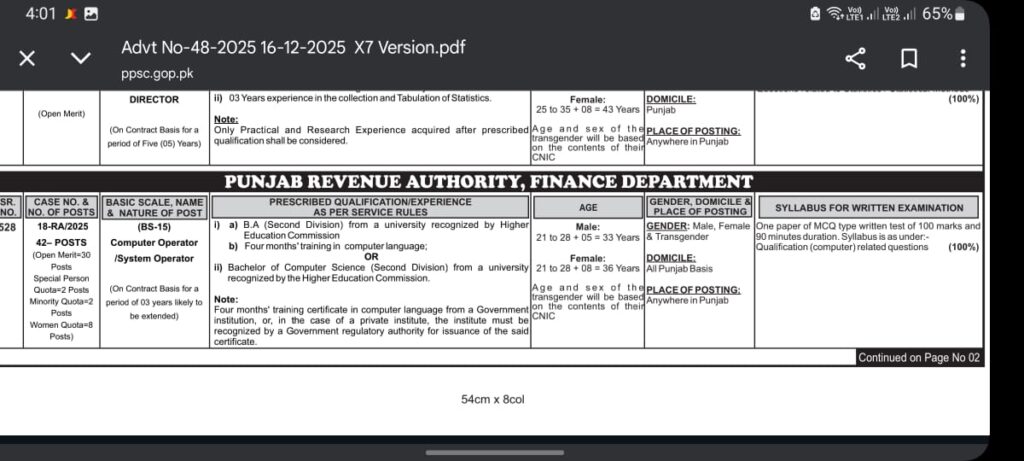 jobs in pakistan Board of Revenue Computer Operator & System Operator Jobs